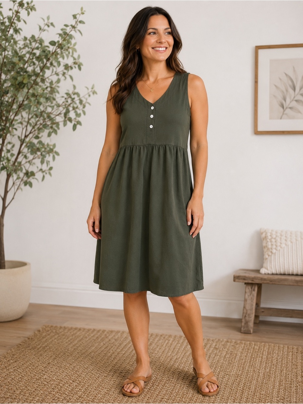 Olive Green Sleeveless Midi Dress Button Front Pockets Casual Cottagecore XL